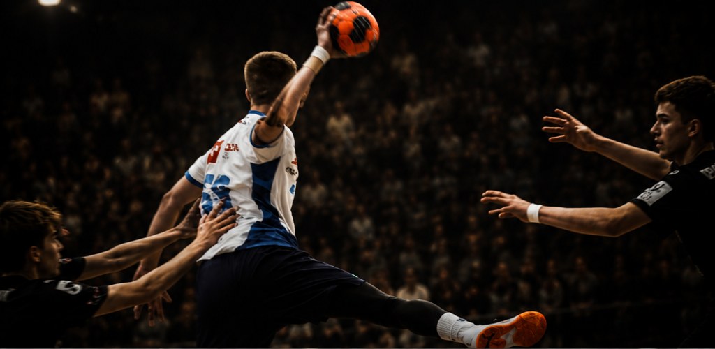 Jugador de balonmano en pleno lanzamiento a portería
